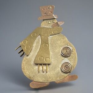 VTG Mixed Metals Handmade Snowman Brooch Holiday Christmas Brass Copper